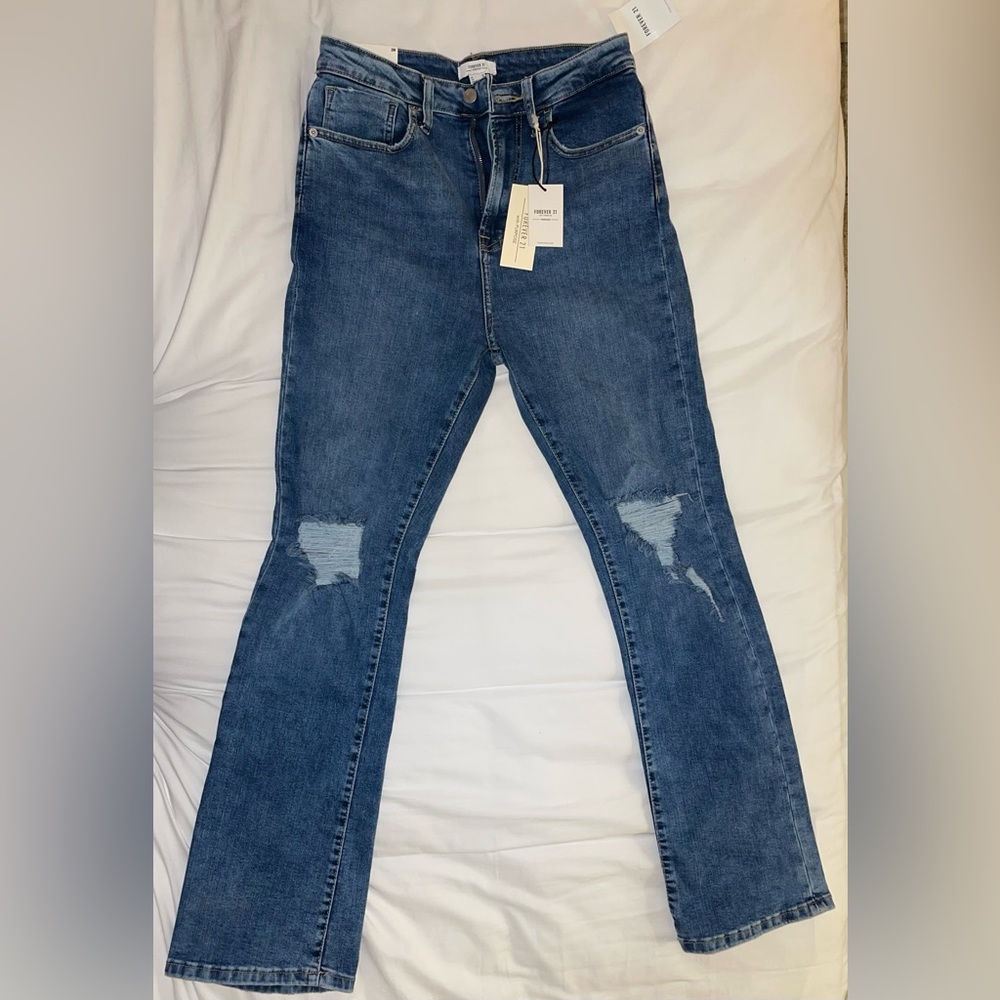 Forever 21 High Waisted Cotton Distressed Bootcut Jeans